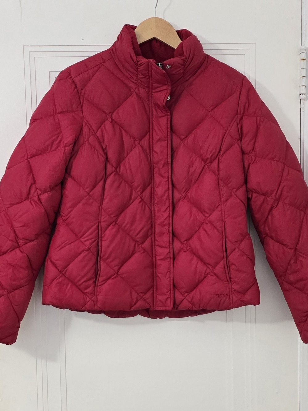 Eddie Bauer Red Quilted Diamond Puffer Jacket 700 Fill Power, Down Filled LP Euc